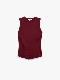 Slim Fit Katlı Kolsuz Viskon Karışımlı V Yaka Bluz