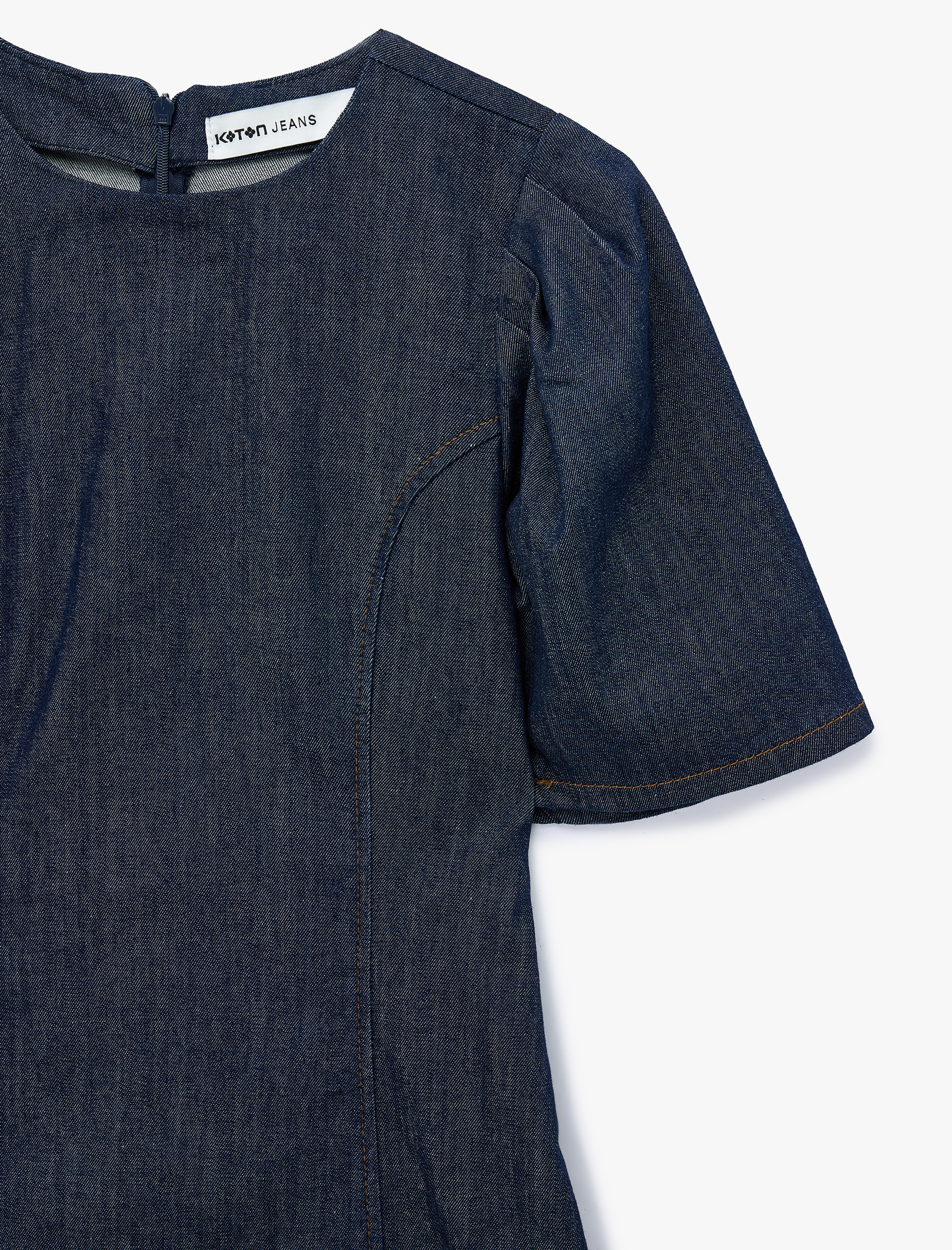   Dikiş Detaylı Pamuklu Kısa Balon Kollu Bisiklet Yaka Mini Denim Elbise