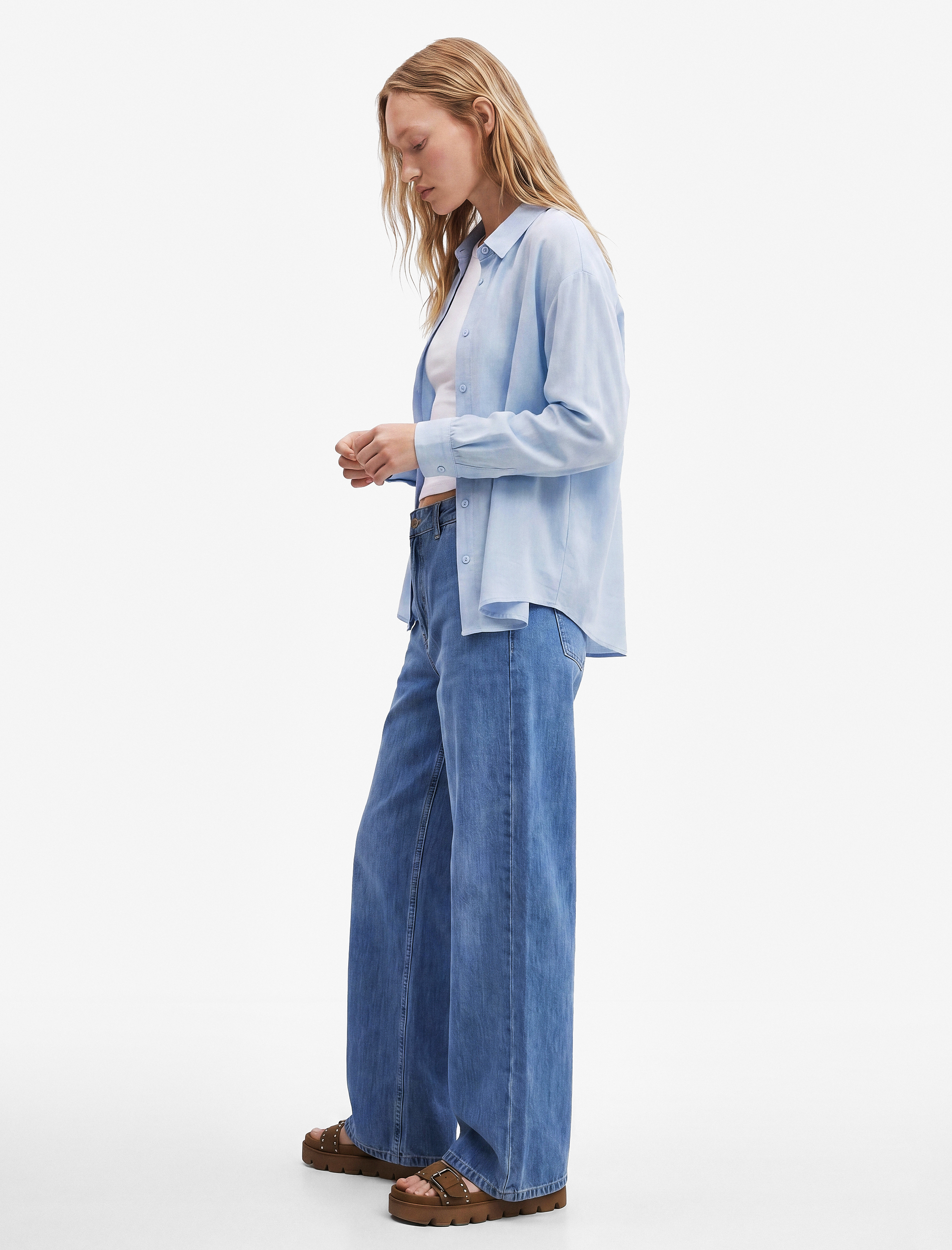   Beli Bağcıklı Cep Detaylı Bol Paça Denim Pantolon