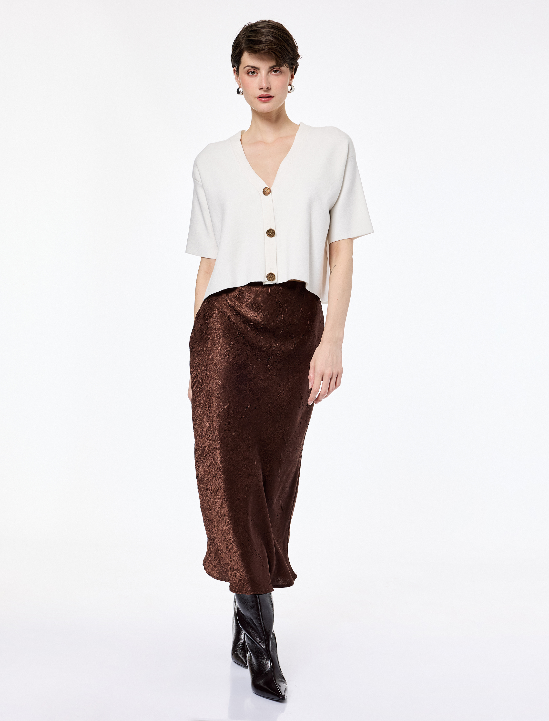  Balık Form Slim Fit Dokulu Saten Midi Etek
