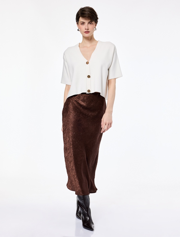  Balık Form Slim Fit Dokulu Saten Midi Etek