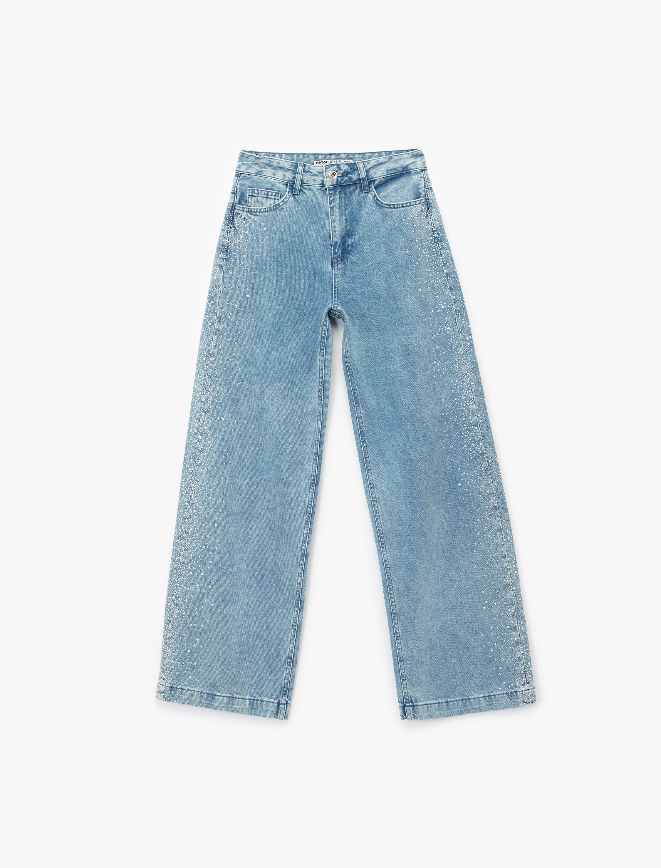   Pamuklu Normal Bel Taş Detaylı Geniş Paça Jean Pantolon - Wide Leg Jeans