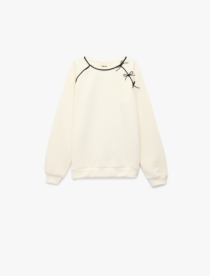 Kız Çocuk Fiyonk Detaylı Uzun Kollu Bisiklet Yaka Şardonlu Sweatshirt