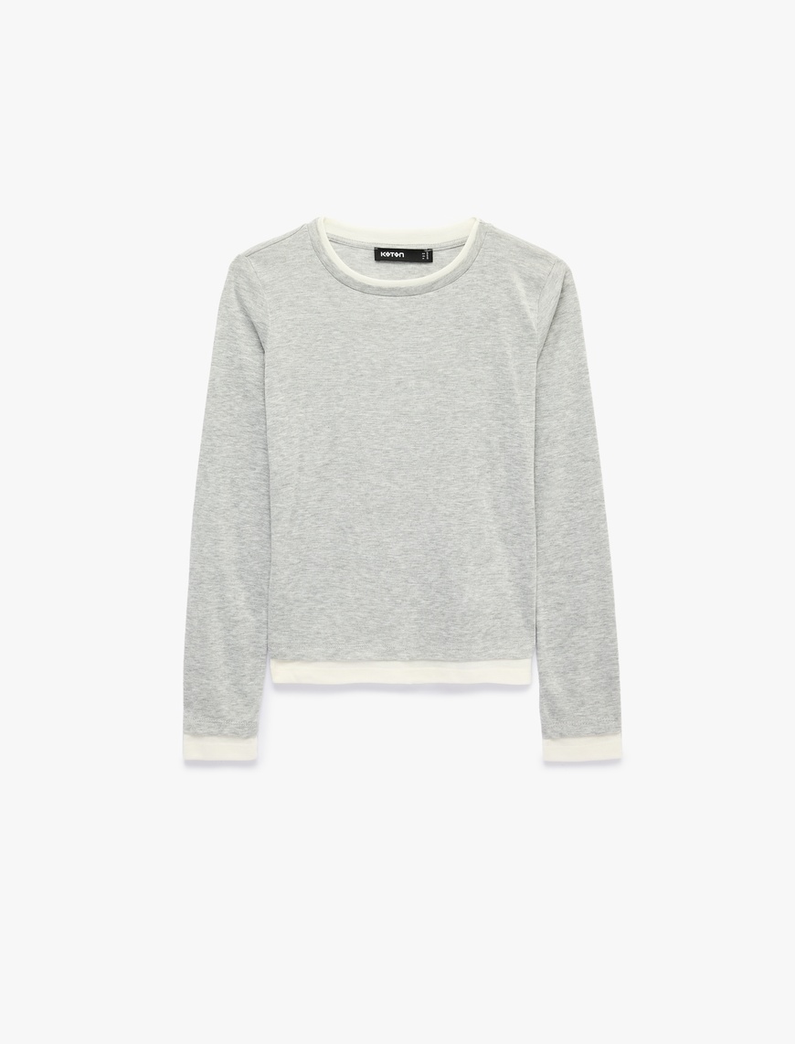 Koton Kadın Slim Fit Renk Kontrastlı Katmanlı Uzun Kollu Bisiklet Yaka Tişört