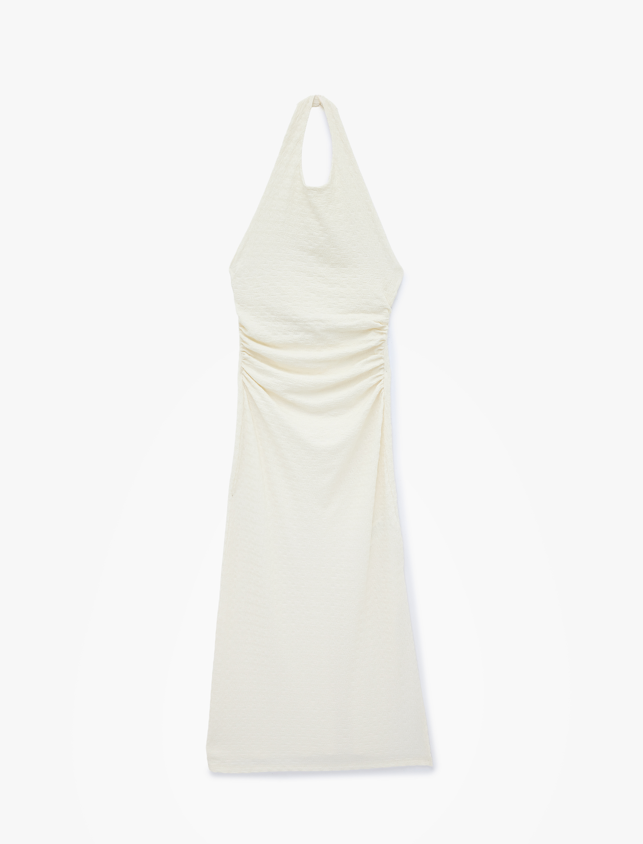   Bürümcük Kumaş Dokulu Slim Fit Sırt Detaylı Halter Yaka Midi Elbise