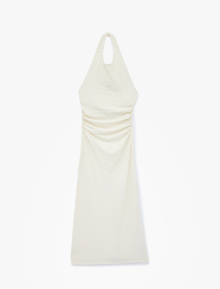  Bürümcük Kumaş Dokulu Slim Fit Sırt Detaylı Halter Yaka Midi Elbise