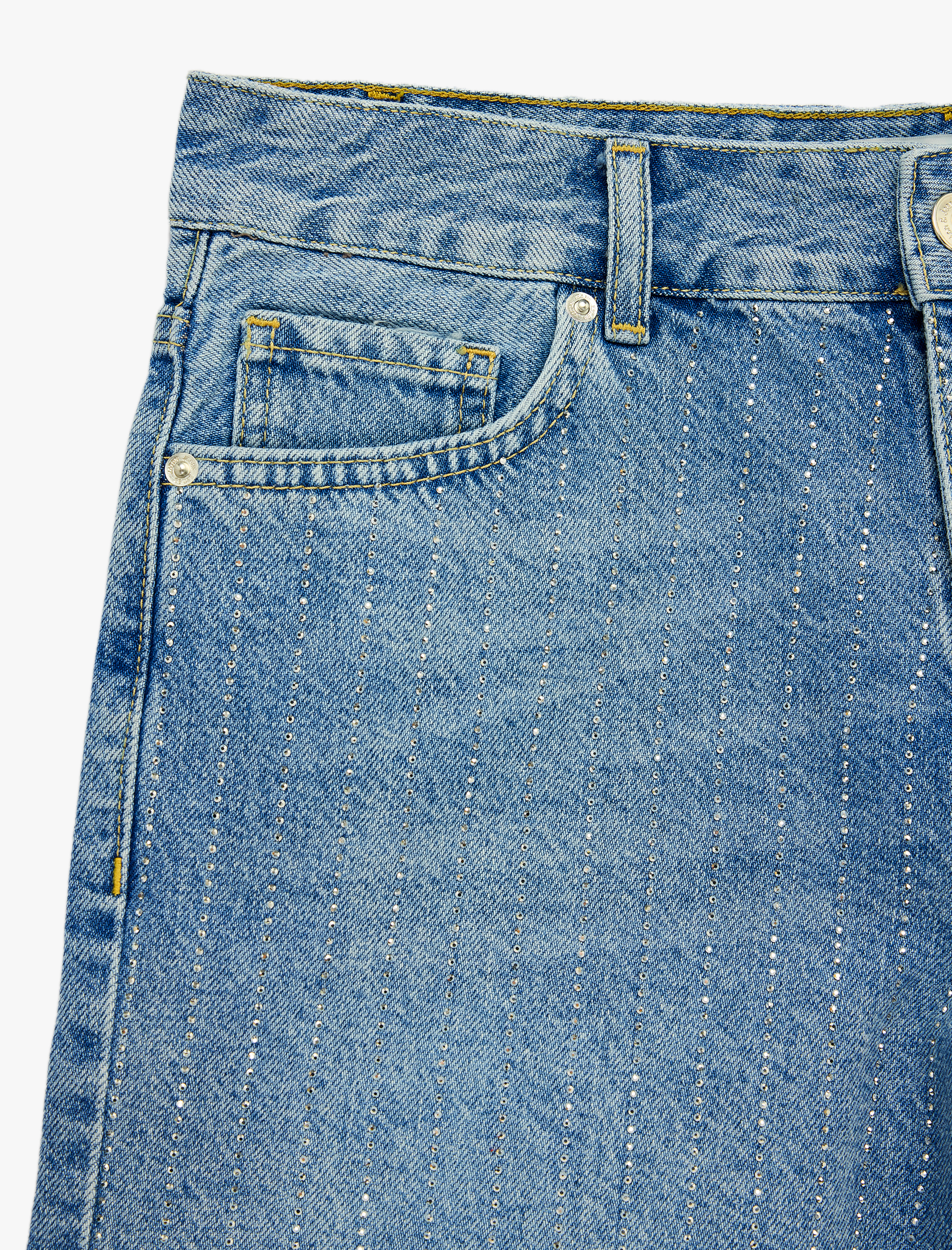   Pamuklu Yüksek Bel Taş Detaylı Mini Denim Şort