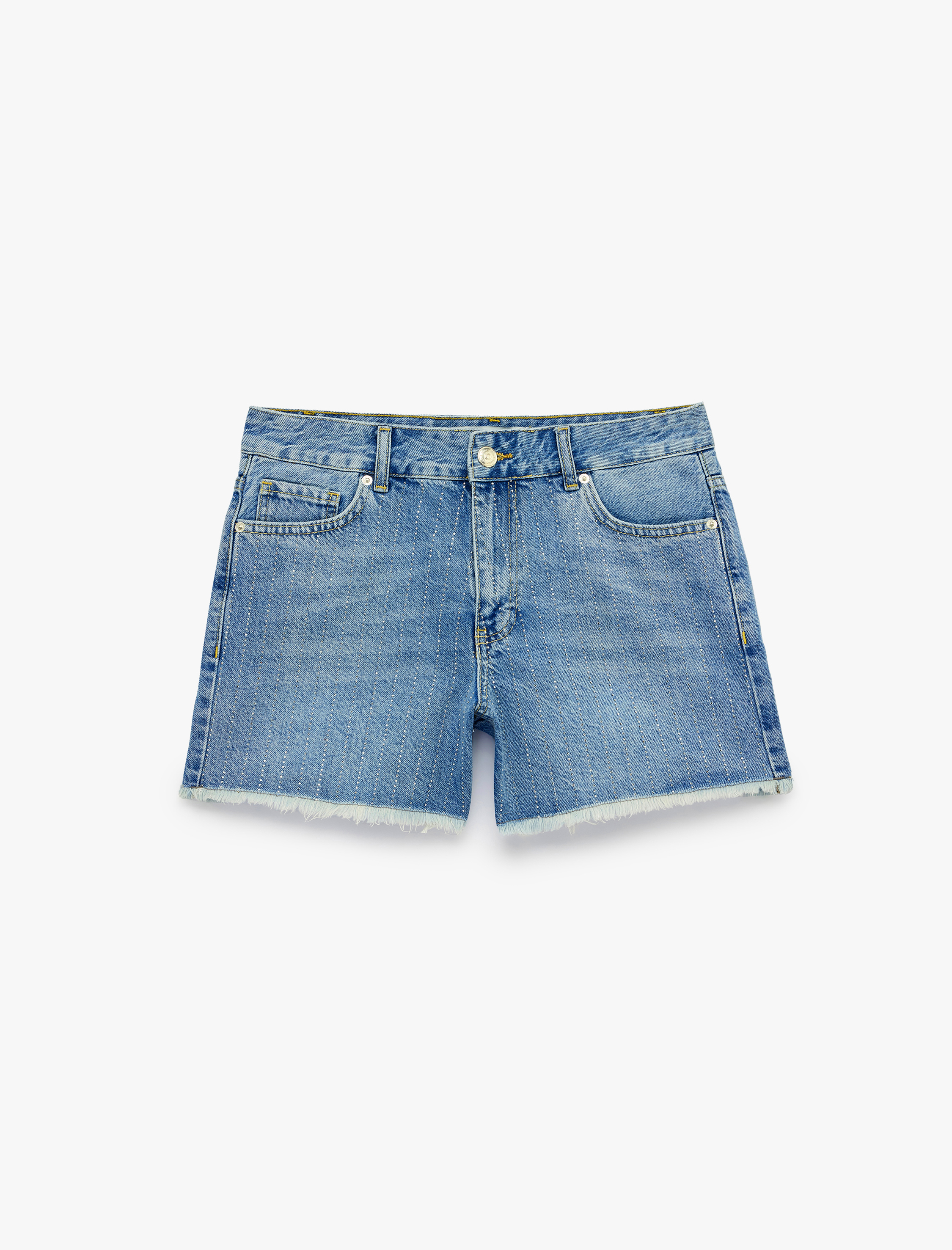   Pamuklu Yüksek Bel Taş Detaylı Mini Denim Şort