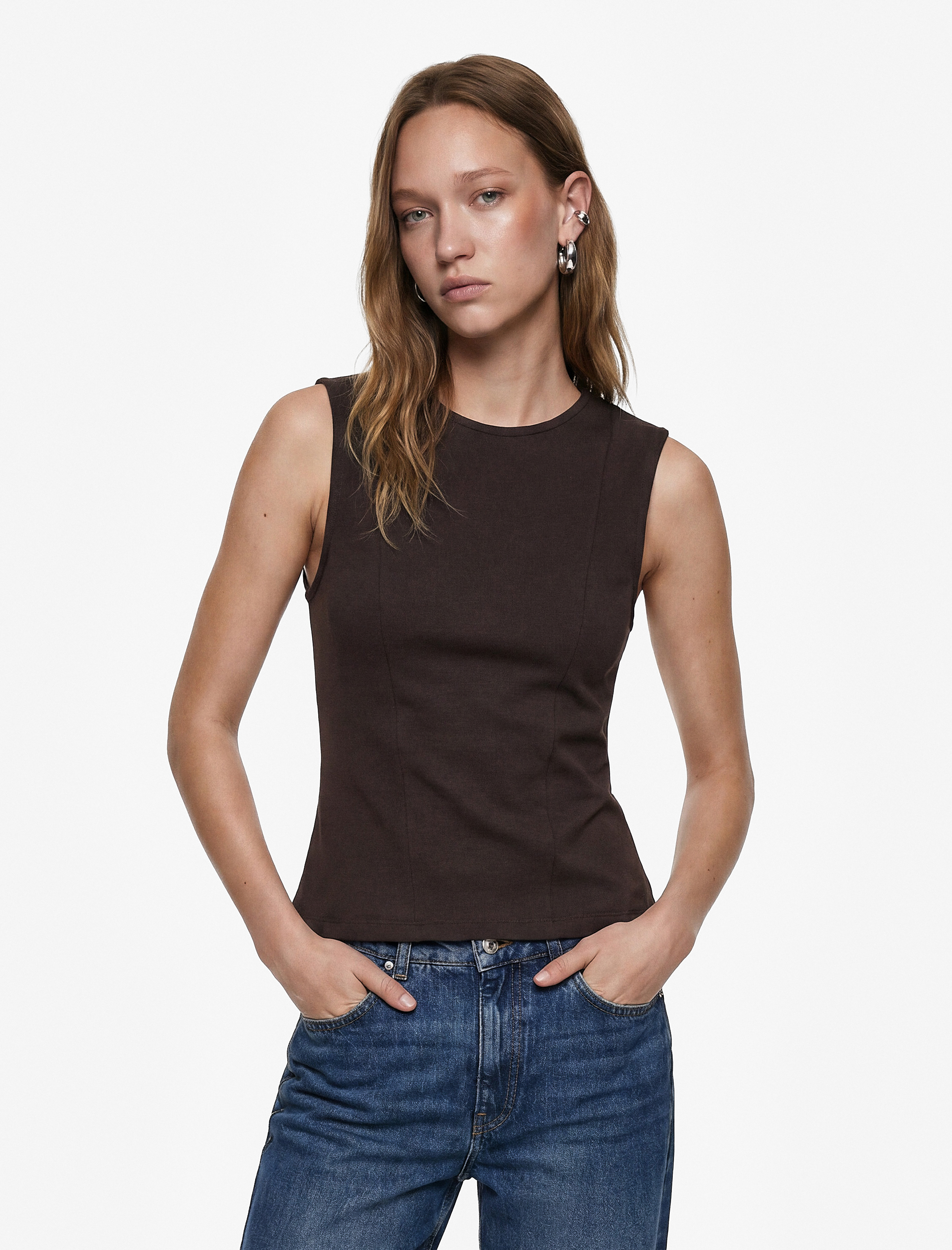   Slim Fit Pamuklu Bisiklet Yaka Korse Detaylı Kolsuz Bluz