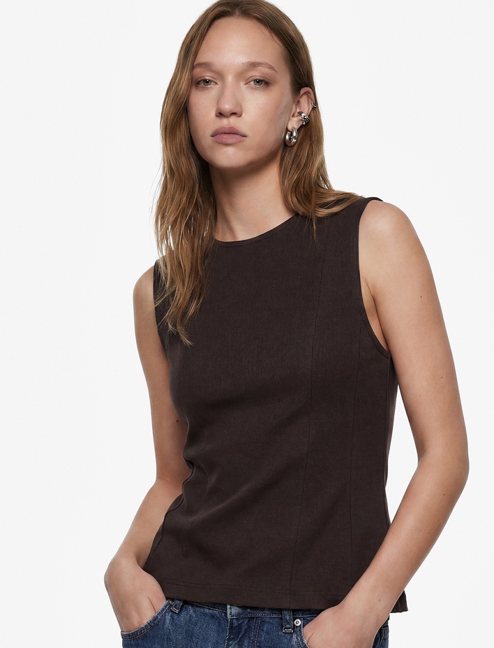  Slim Fit Pamuklu Bisiklet Yaka Korse Detaylı Kolsuz Bluz