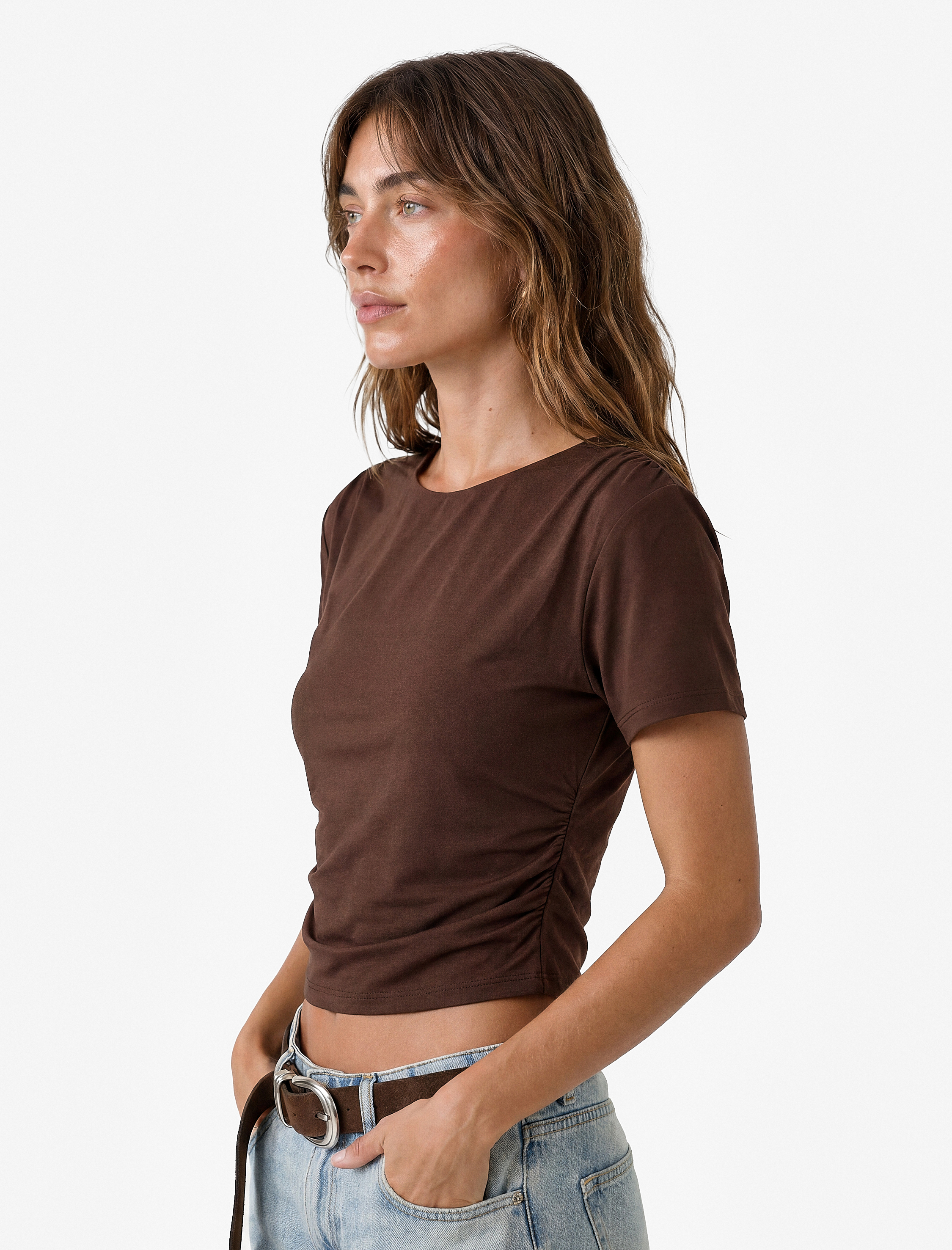   Drape Detaylı Slim Fit Bisiklet Yaka Kısa Kollu Crop Tişört