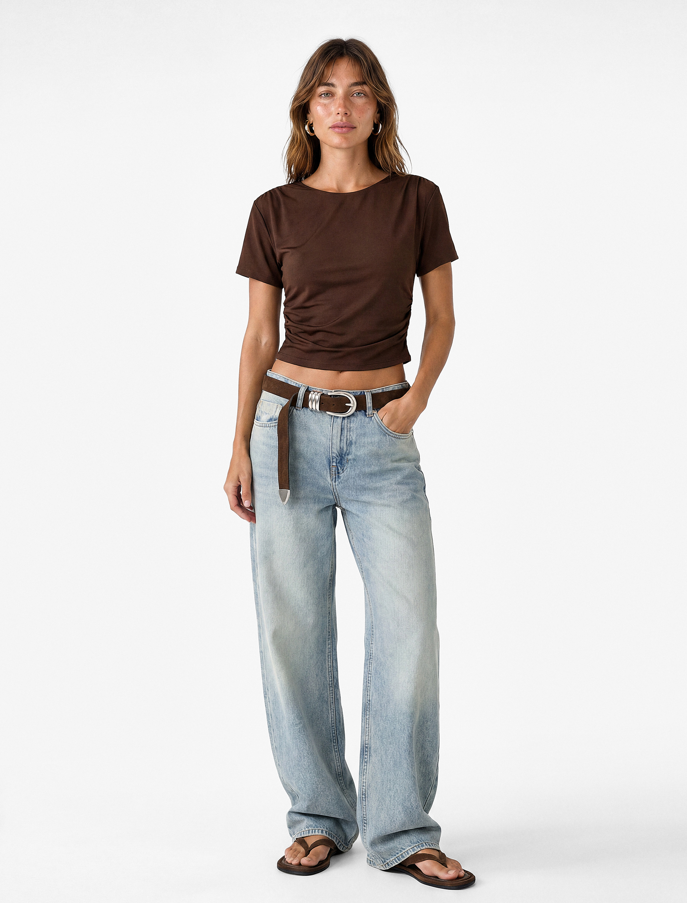   Drape Detaylı Slim Fit Bisiklet Yaka Kısa Kollu Crop Tişört