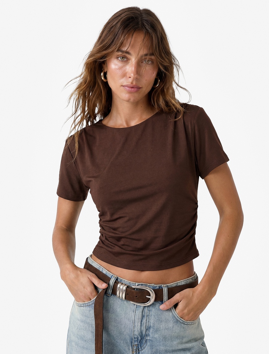 Koton Kadın Drape Detaylı Slim Fit Bisiklet Yaka Kısa Kollu Crop Tişört
