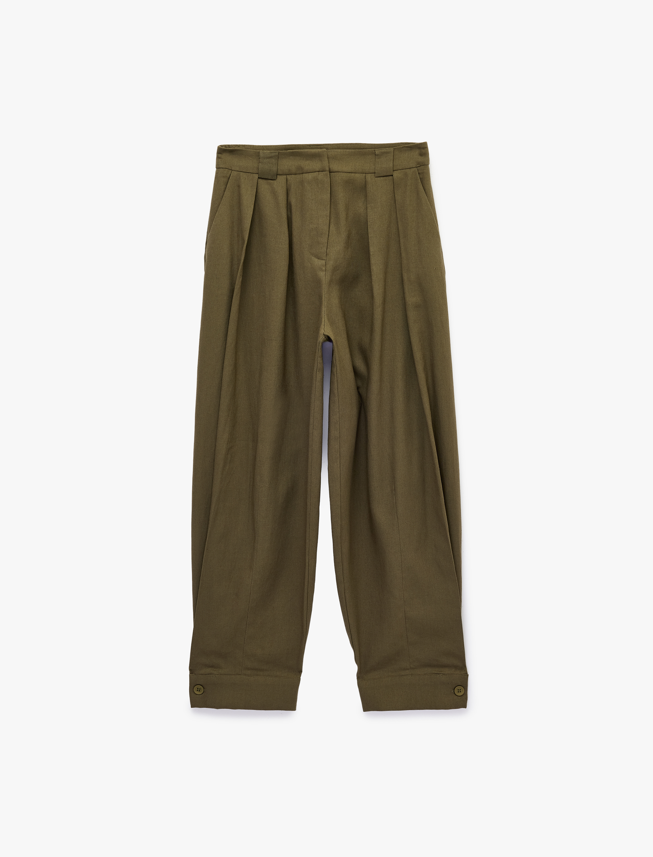   Kemerli Keten Barrel Pantolon Cepli Pileli