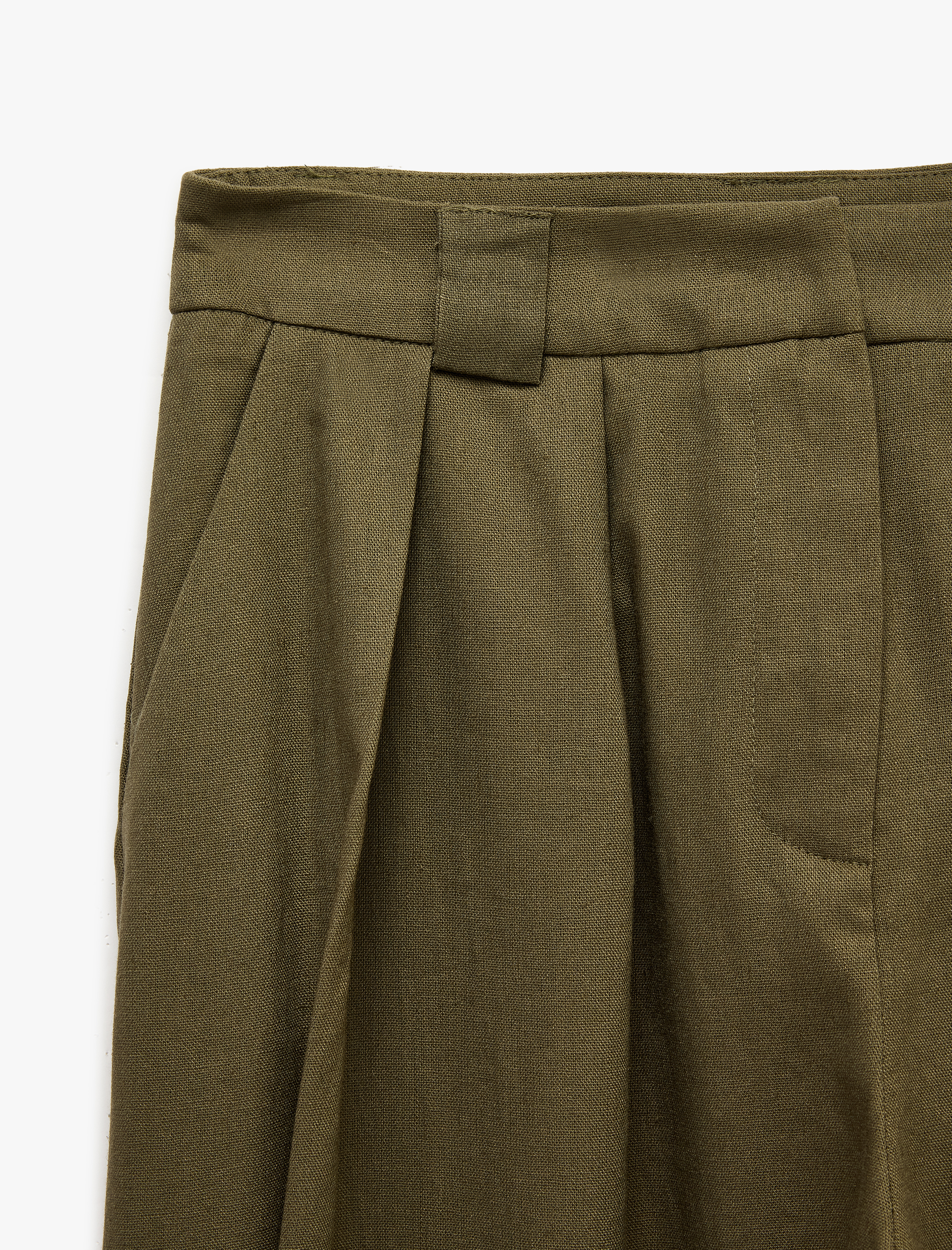   Kemerli Keten Barrel Pantolon Cepli Pileli