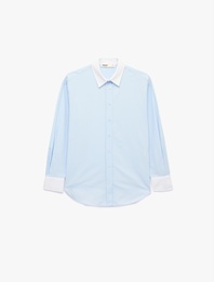 Düğmeli Slim Fit Klasik Yaka Renk Bloklu Uzun Kollu Gömlek