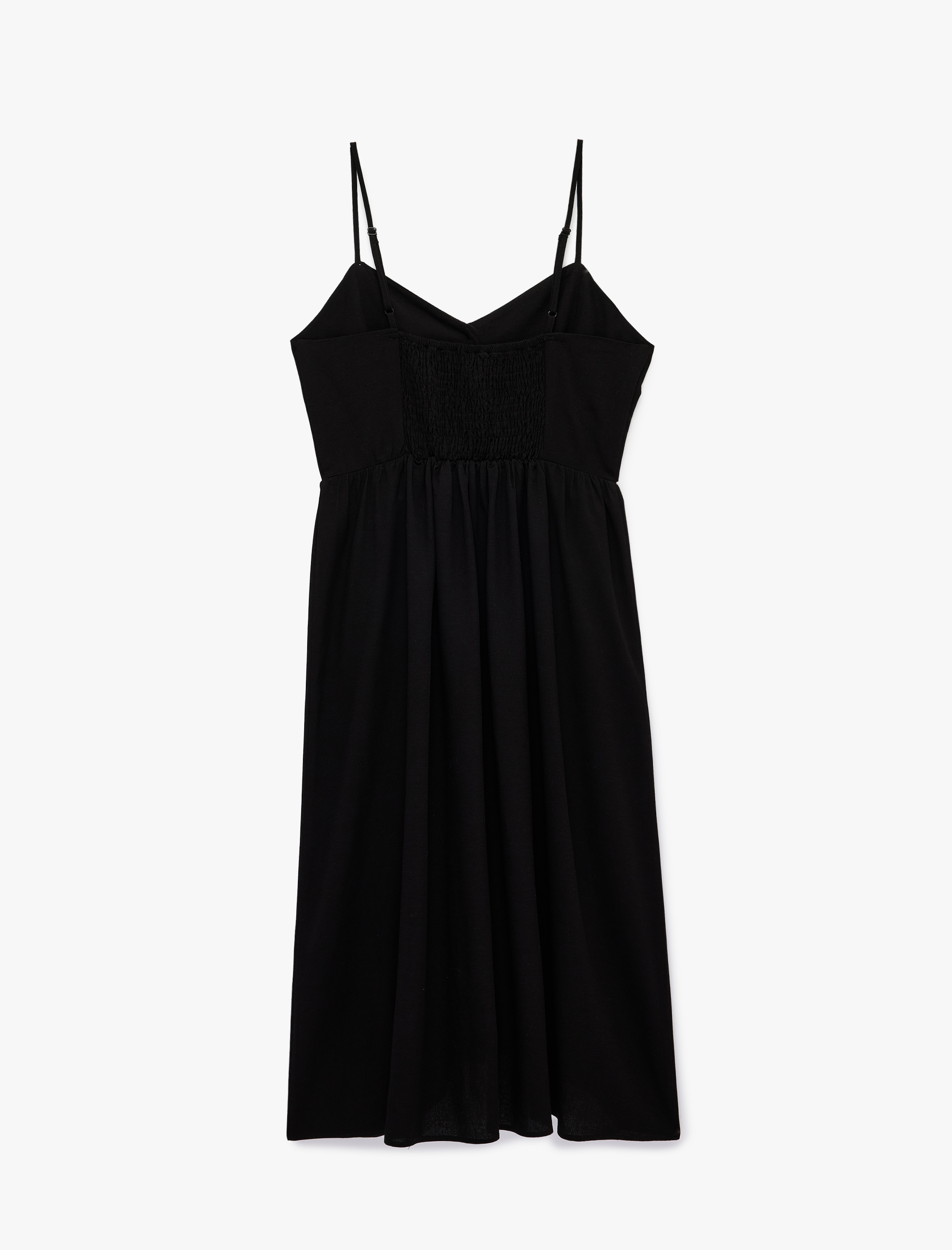   Keten Karışımlı İp Askılı Düğmeli Midi Elbise