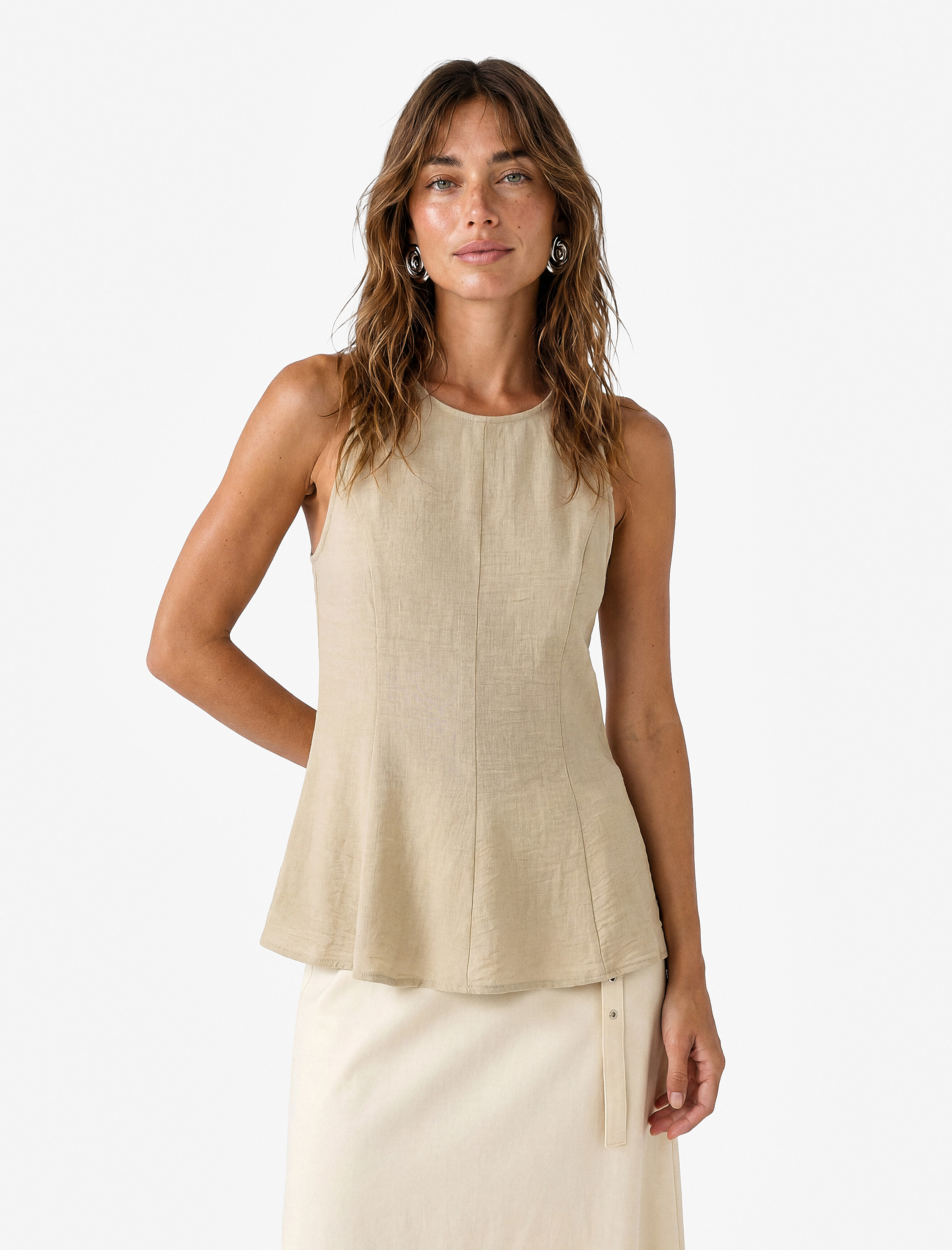   Keten Görünümlü Kolsuz Bisiklet Yaka Peplum Bluz