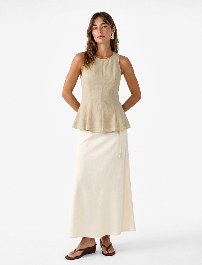  Keten Görünümlü Kolsuz Bisiklet Yaka Peplum Bluz