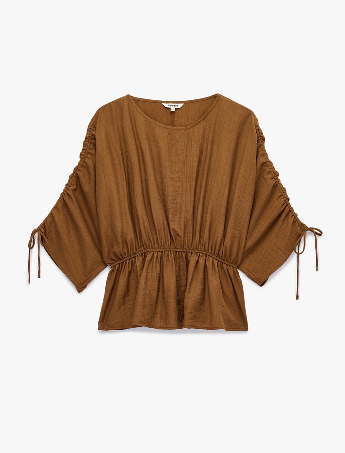  Viskon Kumaş Loose Fit Yuvarlak Yaka Büzgülü Bluz
