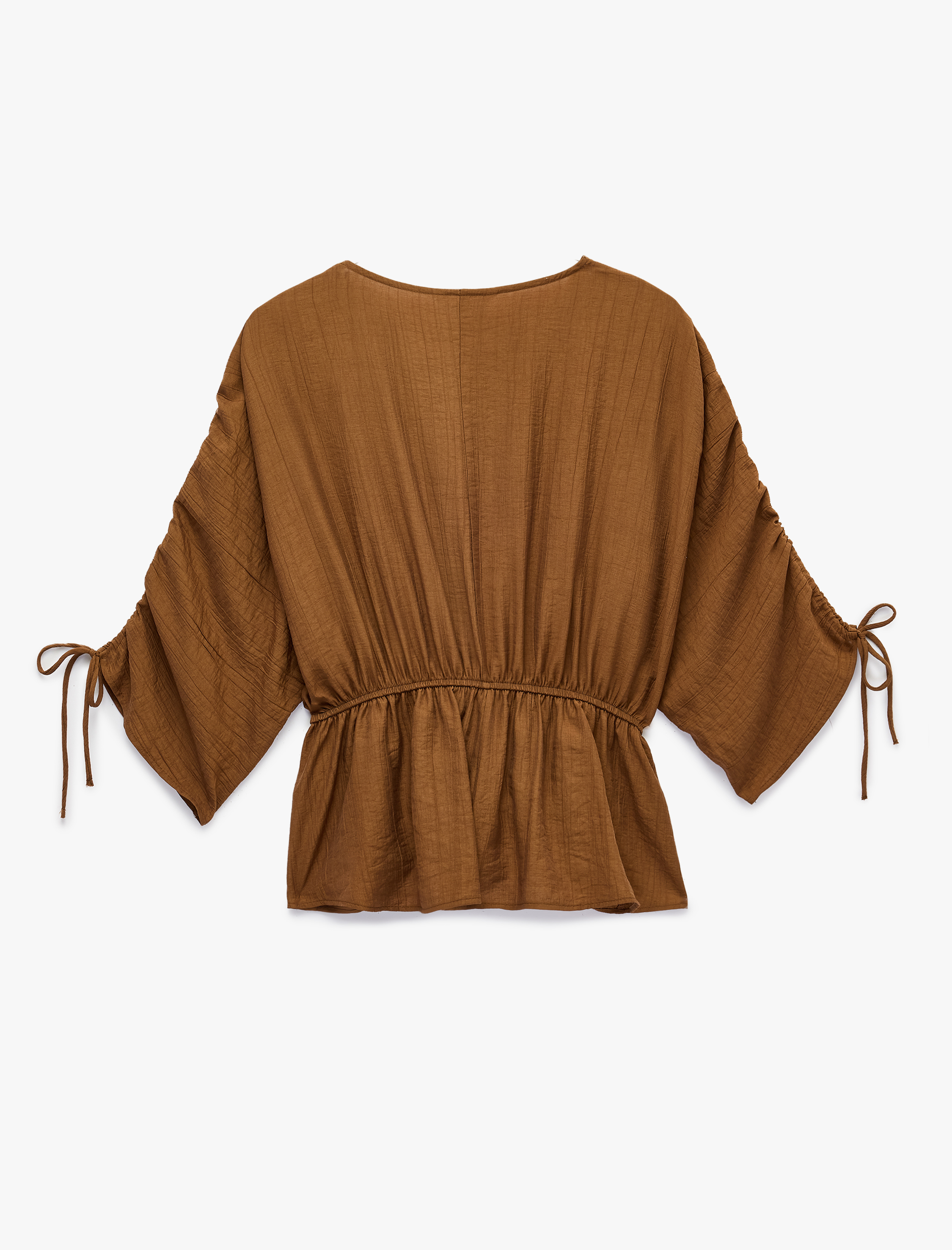   Viskon Kumaş Loose Fit Yuvarlak Yaka Büzgülü Bluz