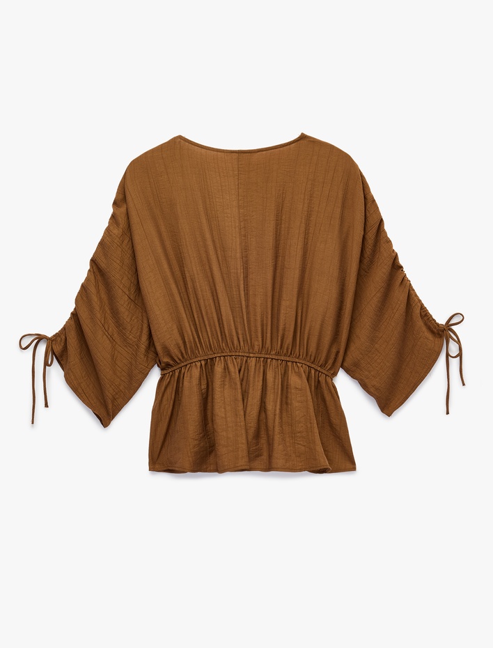  Viskon Kumaş Loose Fit Yuvarlak Yaka Büzgülü Bluz