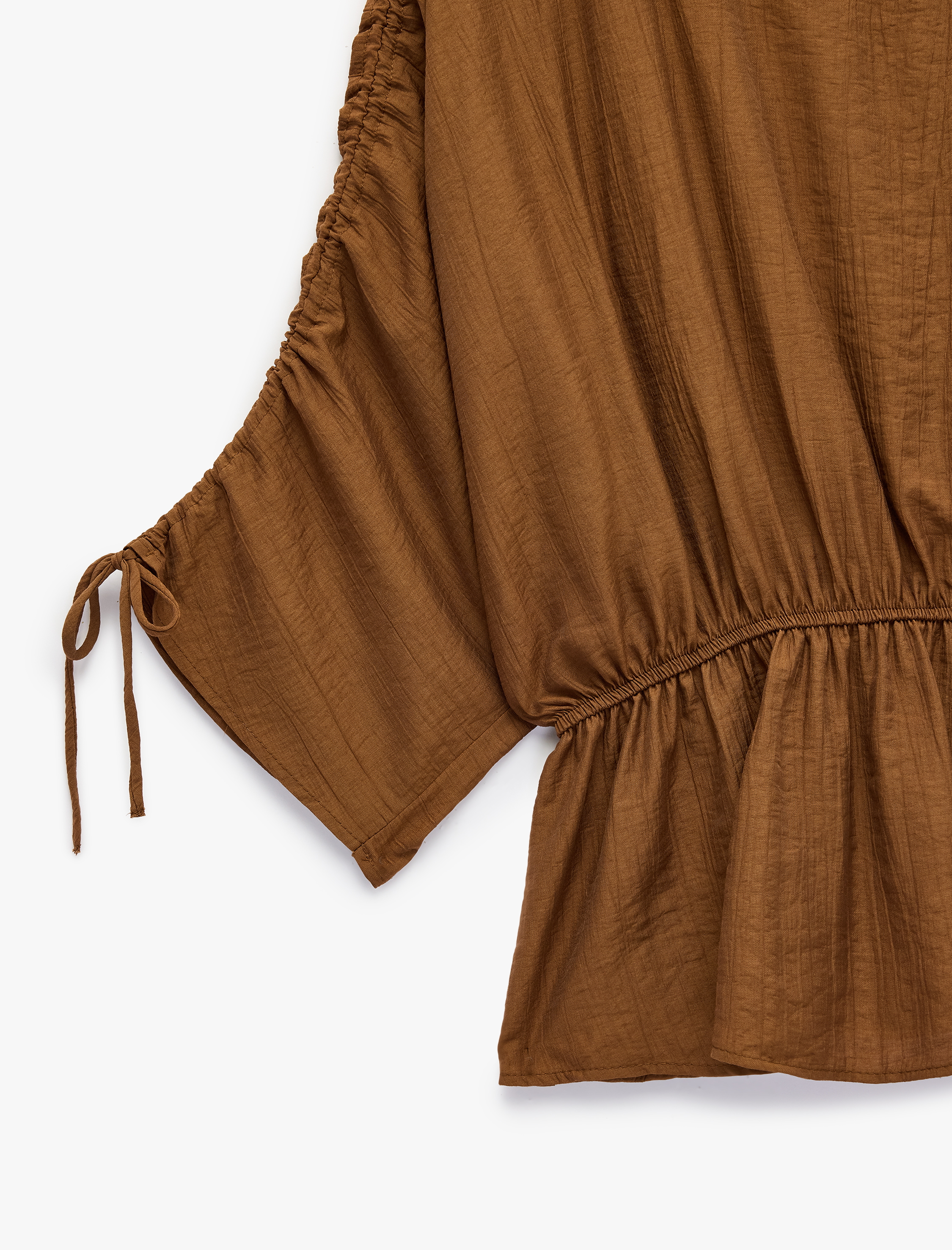   Viskon Kumaş Loose Fit Yuvarlak Yaka Büzgülü Bluz