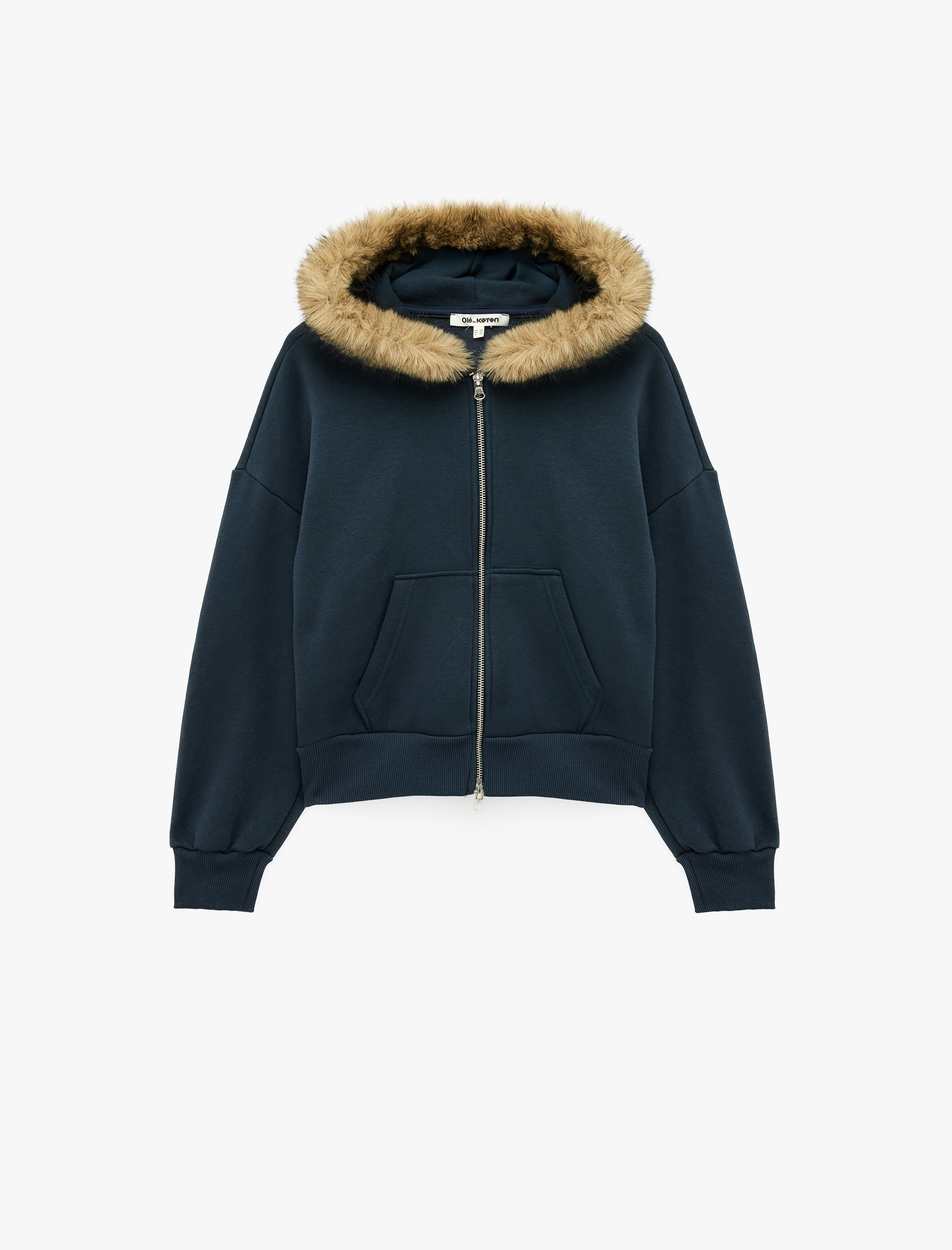   Şardonlu Cepli Rahat Kalıp Uzun Kollu Fermuarlı Suni Kürk Kapüşonlu Sweatshirt
