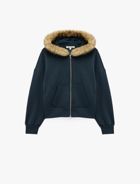 Şardonlu Cepli Rahat Kalıp Uzun Kollu Fermuarlı Suni Kürk Kapüşonlu Sweatshirt