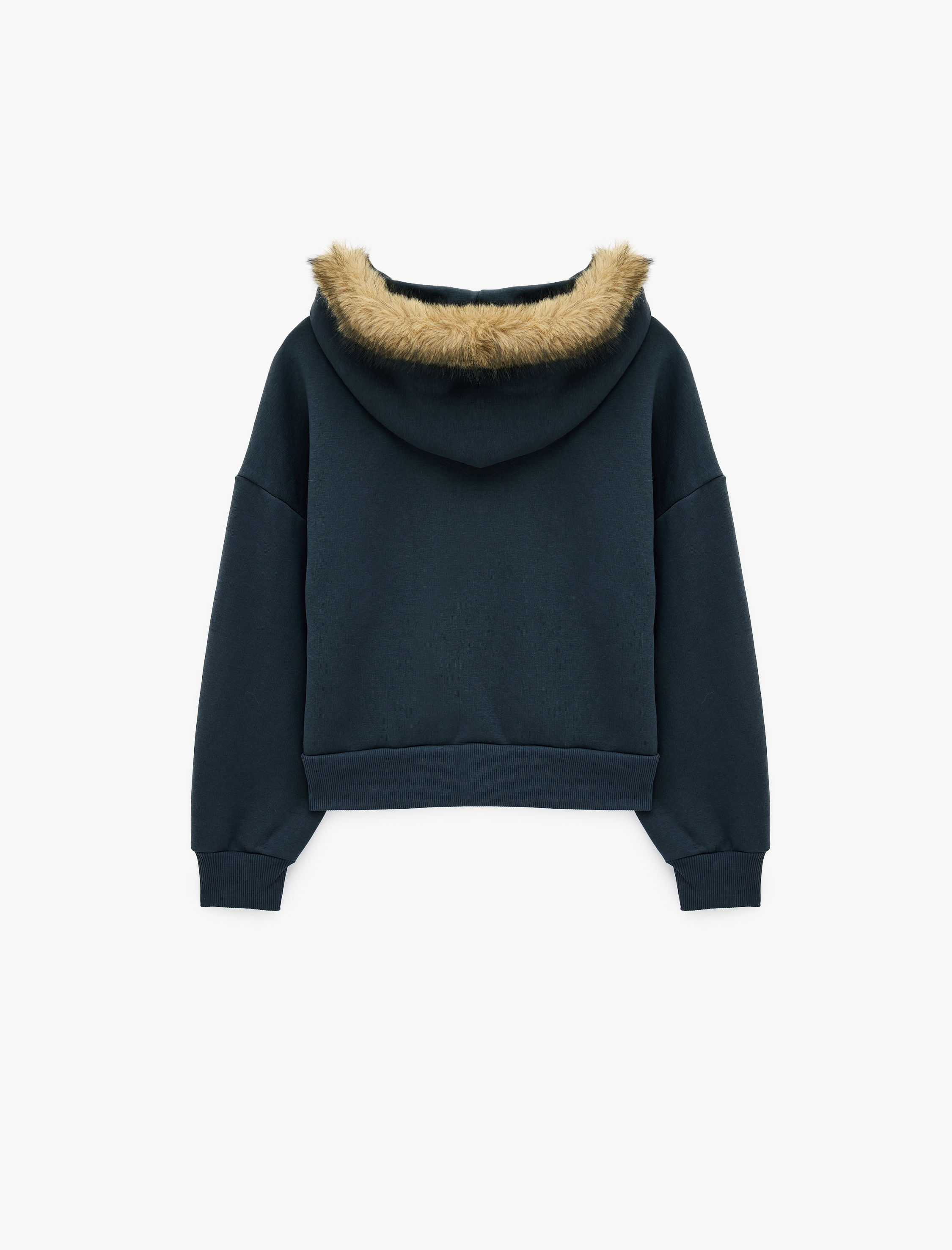   Şardonlu Cepli Rahat Kalıp Uzun Kollu Fermuarlı Suni Kürk Kapüşonlu Sweatshirt