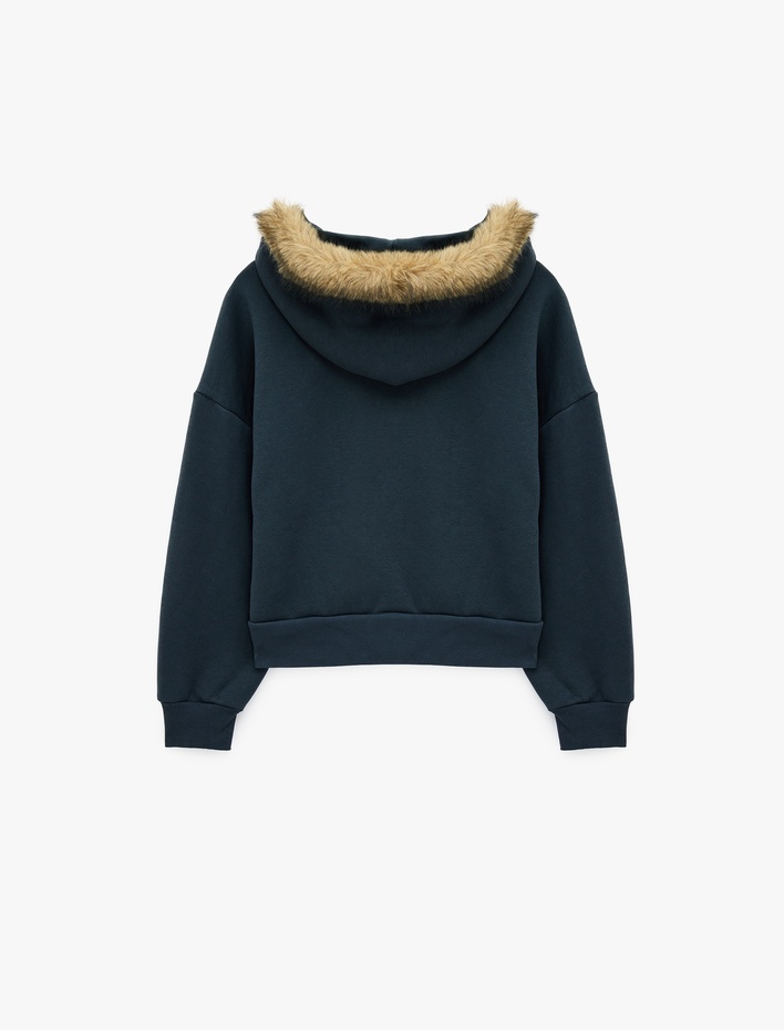  Şardonlu Cepli Rahat Kalıp Uzun Kollu Fermuarlı Suni Kürk Kapüşonlu Sweatshirt