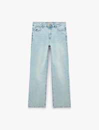 Düz Paça Normal Bel Cepli Düğmeli Denim Pantolon - Longer Straight Fit Jean