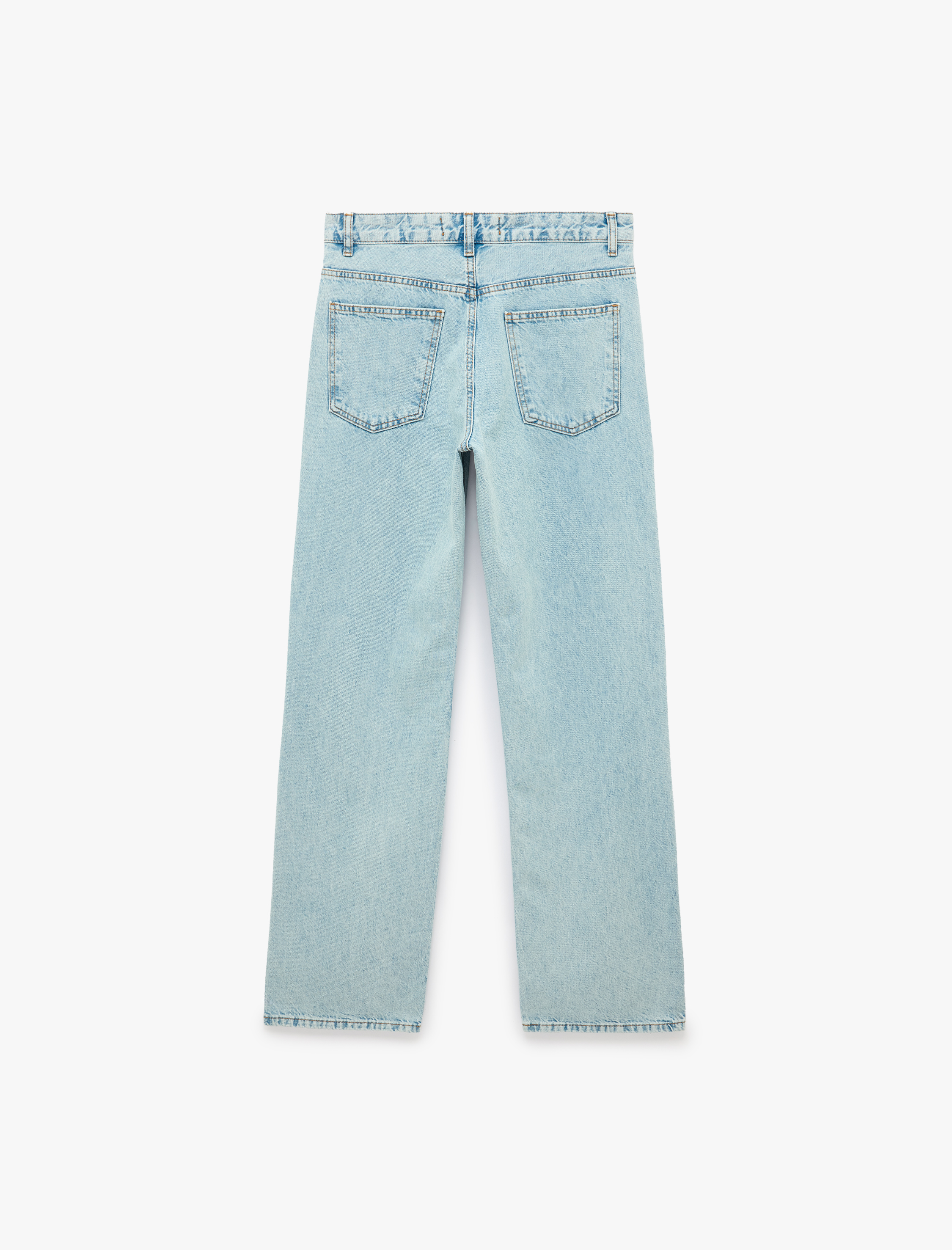   Düz Paça Normal Bel Cepli Düğmeli Denim Pantolon - Longer Straight Fit Jean
