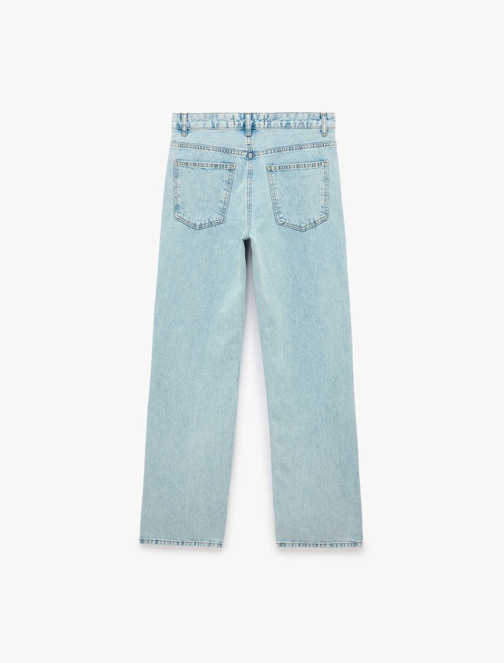 Düz Paça Normal Bel Cepli Düğmeli Denim Pantolon - Longer Straight Fit Jean