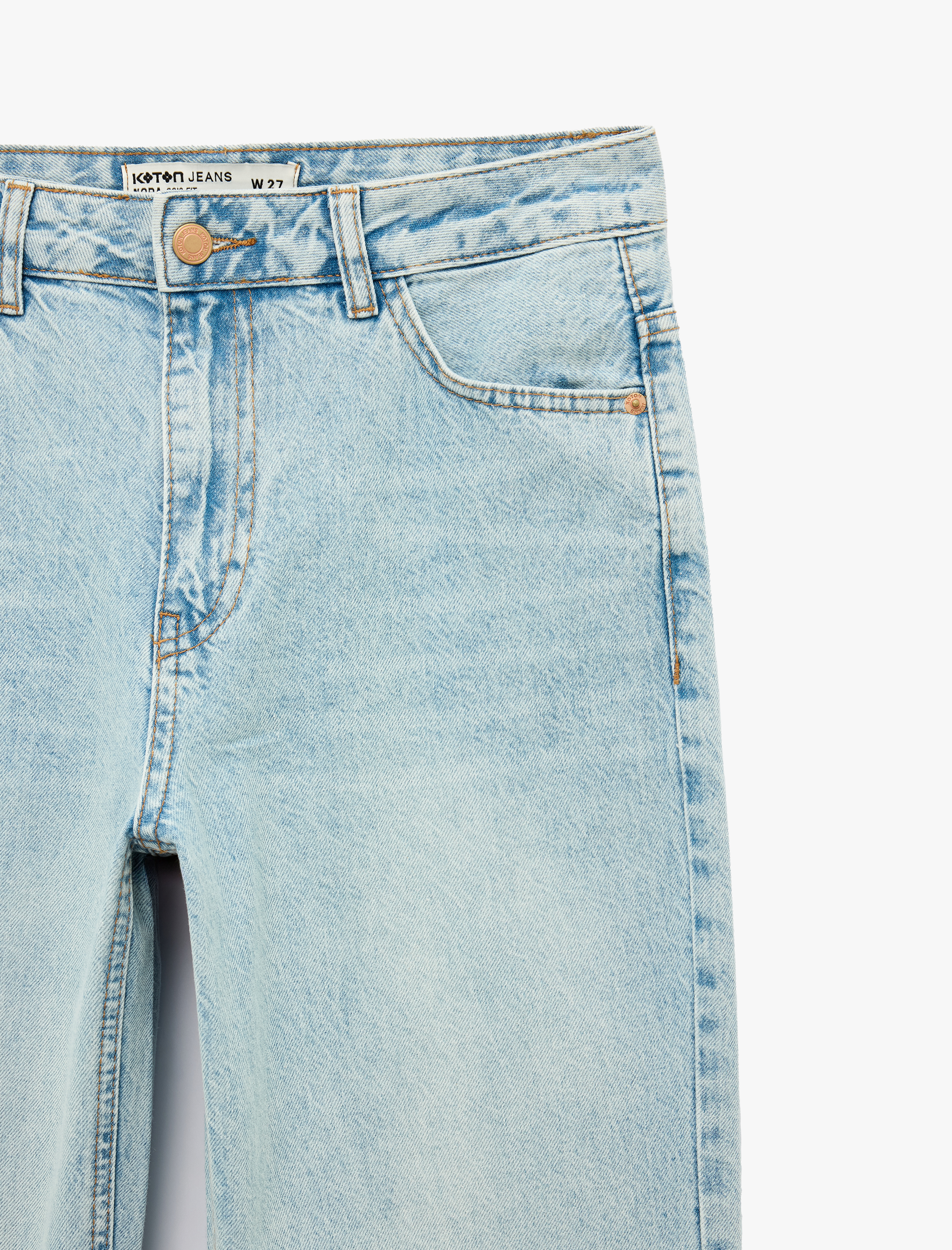   Düz Paça Normal Bel Cepli Düğmeli Denim Pantolon - Longer Straight Fit Jean