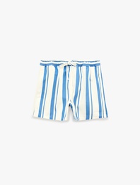 Cepli Rahat Kalıp Beli Bağcıklı Çizgili Mini Denim Şort