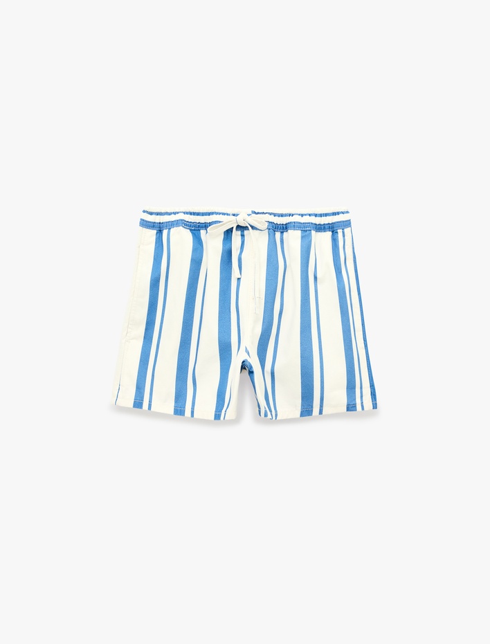  Cepli Rahat Kalıp Beli Bağcıklı Çizgili Mini Denim Şort