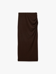 Sandy Kumaş Slim Fit Drape Detaylı Midi Etek