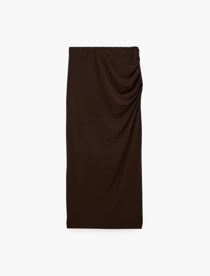  Sandy Kumaş Slim Fit Drape Detaylı Midi Etek