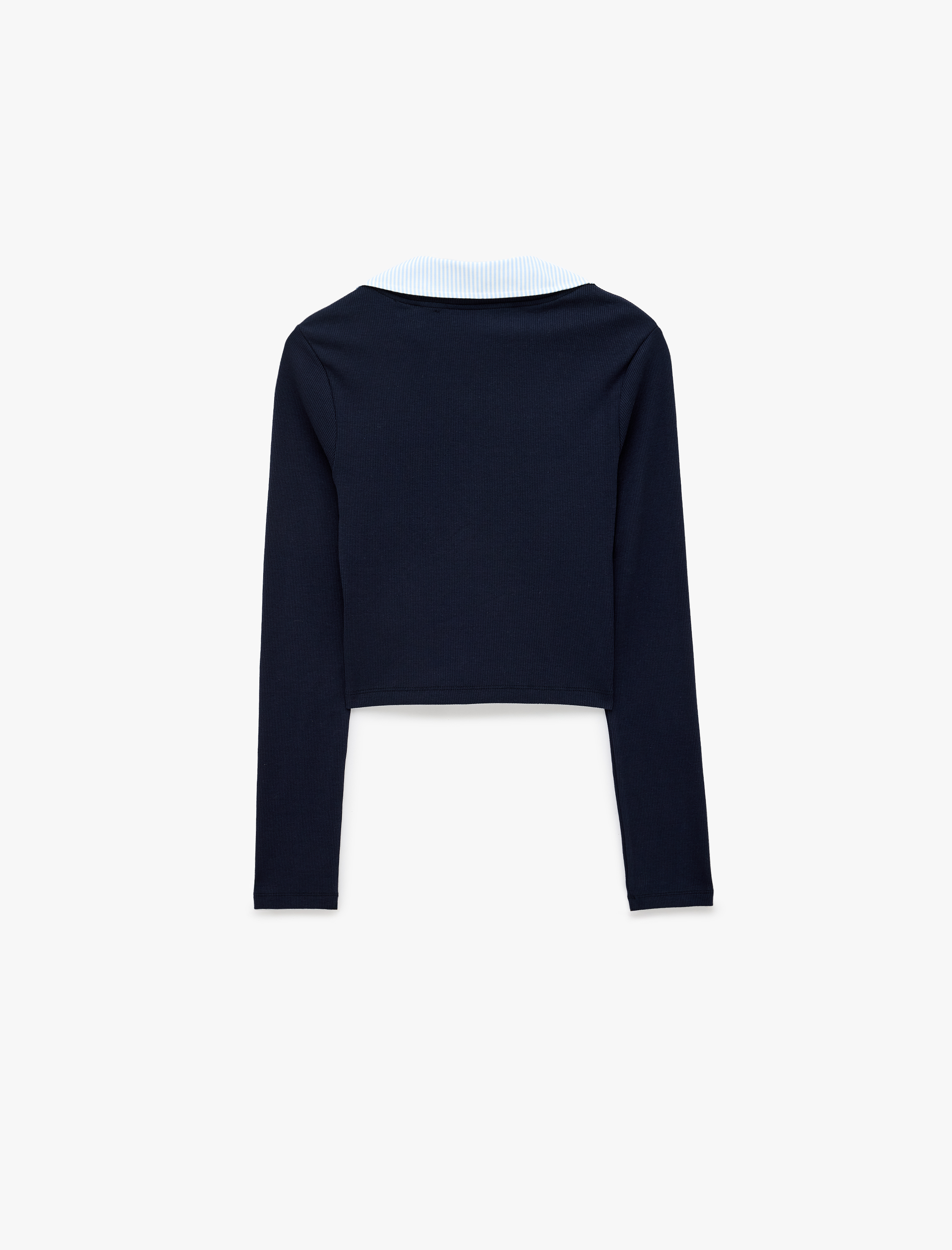   Pamuklu Gömlek Yaka Katlı Slim Fit Uzun Kollu Tişört