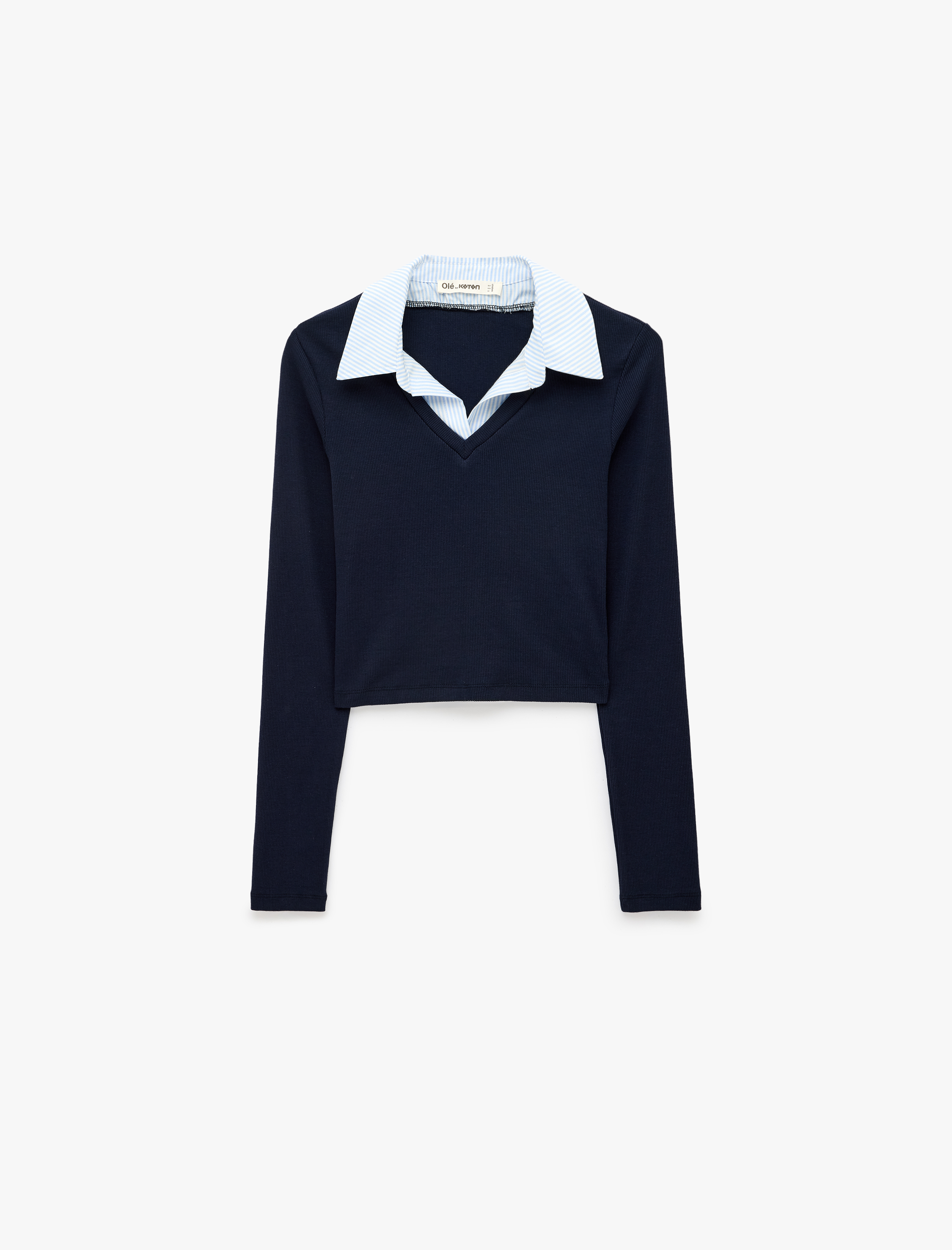   Pamuklu Gömlek Yaka Katlı Slim Fit Uzun Kollu Tişört