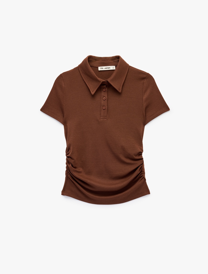 Koton Kadın Modal Kumaş Düğmeli Kısa Kollu Drapeli Polo Yaka Tişört