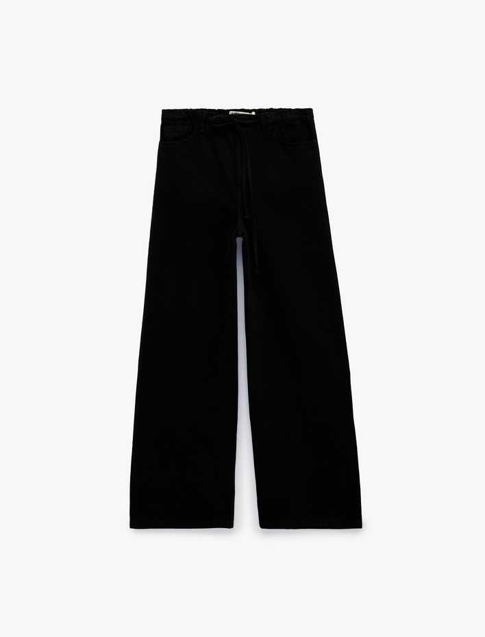  Pamuklu Bol Kalıp Çıtçıt Düğmeli Beli Bağcıklı Denim Pantolon  - Loose Fit Jeans