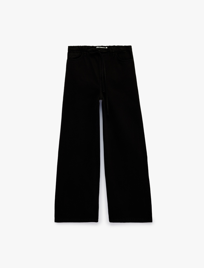 Koton Kadın Pamuklu Bol Kalıp Çıtçıt Düğmeli Beli Bağcıklı Denim Pantolon  - Loose Fit Jeans