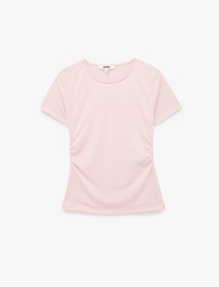 Büzgülü Slim Fit Kısa Kollu Bisiklet Yaka Basic Tişört