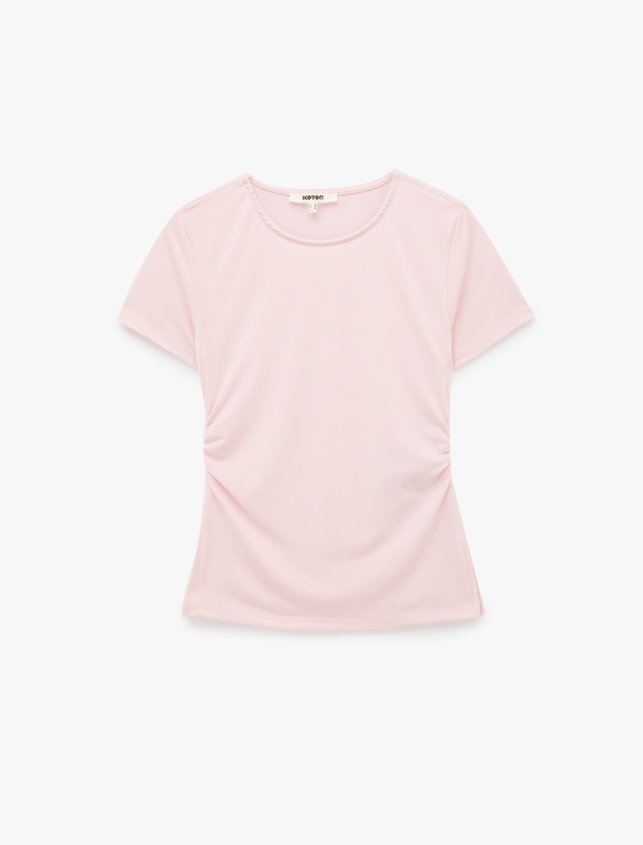  Büzgülü Slim Fit Kısa Kollu Bisiklet Yaka Basic Tişört