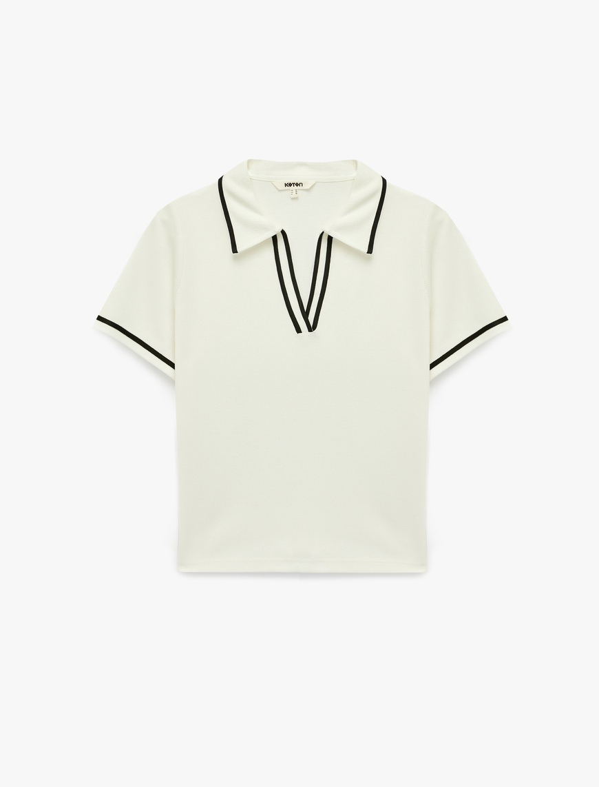 Koton Kadın Viskon Slim Fit Kontrast Detaylı Çizgili Kısa Kollu Polo Yaka Tişört