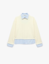 Rahat Kalıp Uzun Kollu Çizgili Gömlek Yaka Katmanlı Sweatshirt