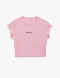 Slim Fit Bisiklet Yaka Kısa Kollu Baskılı Crop Spor Tişört