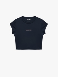 Slim Fit Bisiklet Yaka Kısa Kollu Baskılı Crop Spor Tişört